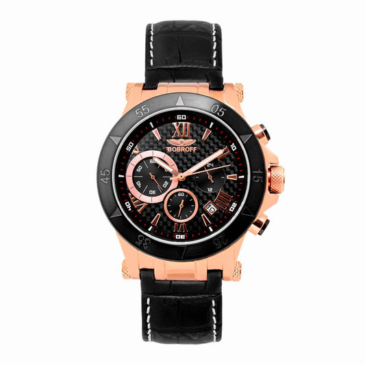 Bobroff Black Leather Dress Watch with black steel case, carbon fiber dial, and sapphire glass, featuring a black leather strap with buckle closure.