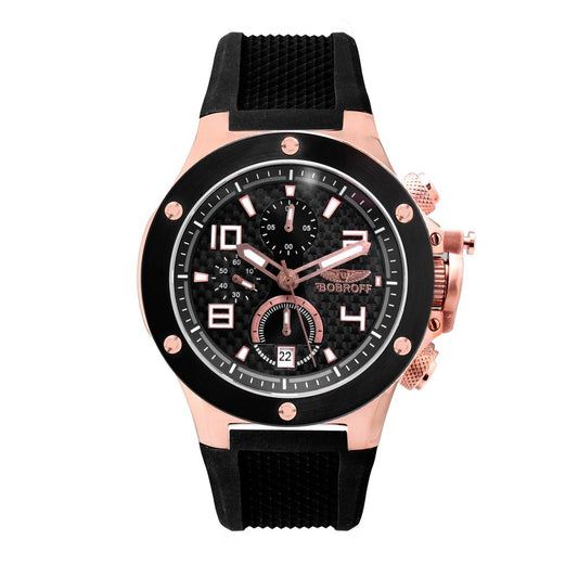 Bobroff Black Rubber Dress Watch with quartz mechanism, analog display, steel case in black/pink/gold, black rubber bracelet, and sapphire glass.