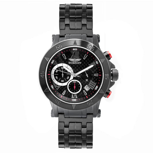 Bobroff Black Stainless Steel Dress Watch with black quartz mechanism, analog display, sapphire glass, and 44mm case.
