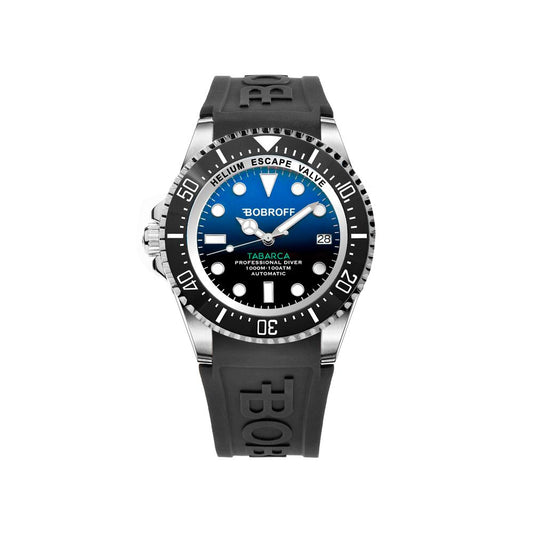Bobroff Black Synthetic Sport Watch with stainless steel case, blue dial, black silicone bracelet, sapphire glass, 100ATM water resistance.