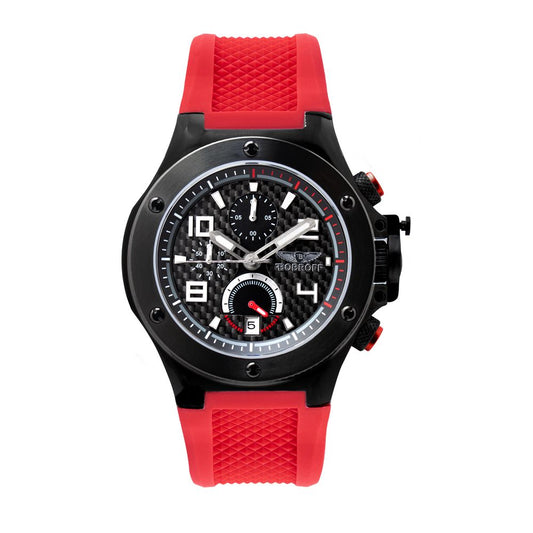 Bobroff Red Rubber Sport Watch with black steel case, carbon fiber dial, and red rubber bracelet, featuring quartz mechanism and sapphire glass.
