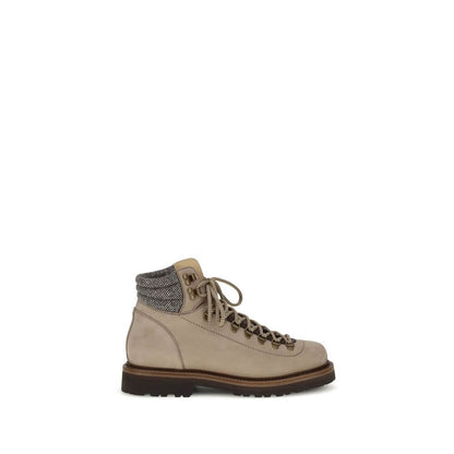 Brunello Cucinelli Beige Calf Leather Bos Taurus Lace-Up Boots with metal eyelets and wool-rich collar, side view.