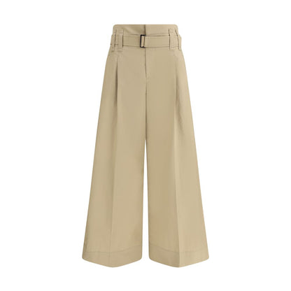 Brunello Cucinelli Beige Cotton Cropped Pants featuring pleated design, wide leg, draw belt, and double dart detail for a sophisticated look.