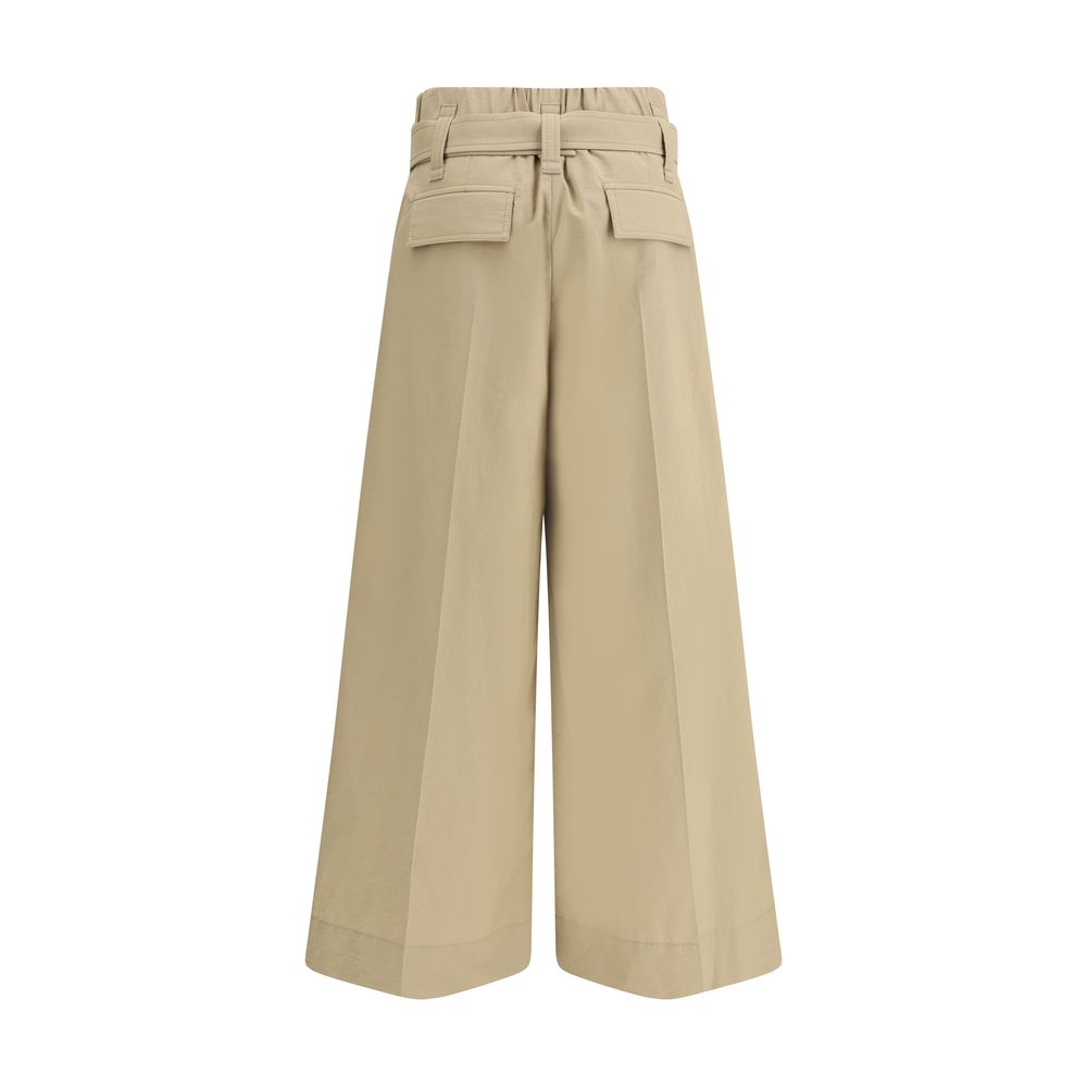 Brunello Cucinelli Beige Cotton Cropped Pants with pleated design and wide-leg silhouette, showcasing back pockets and draw belt.