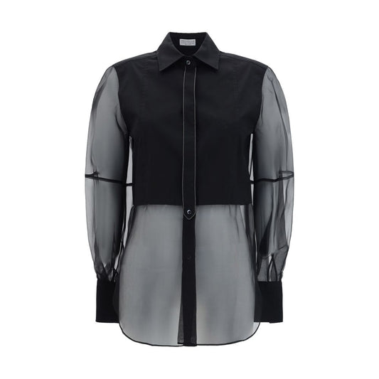 Brunello Cucinelli Black Cotton Pattern Shirt with classic collar, semi-transparent design, jewel detail, front button fastening.