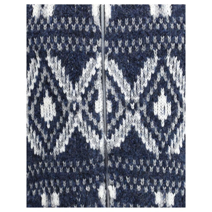 Brunello Cucinelli Blue Alpaca Vicugna Pacos Cardigan with geometric knit design, featuring a stylish double-slider zipper front.