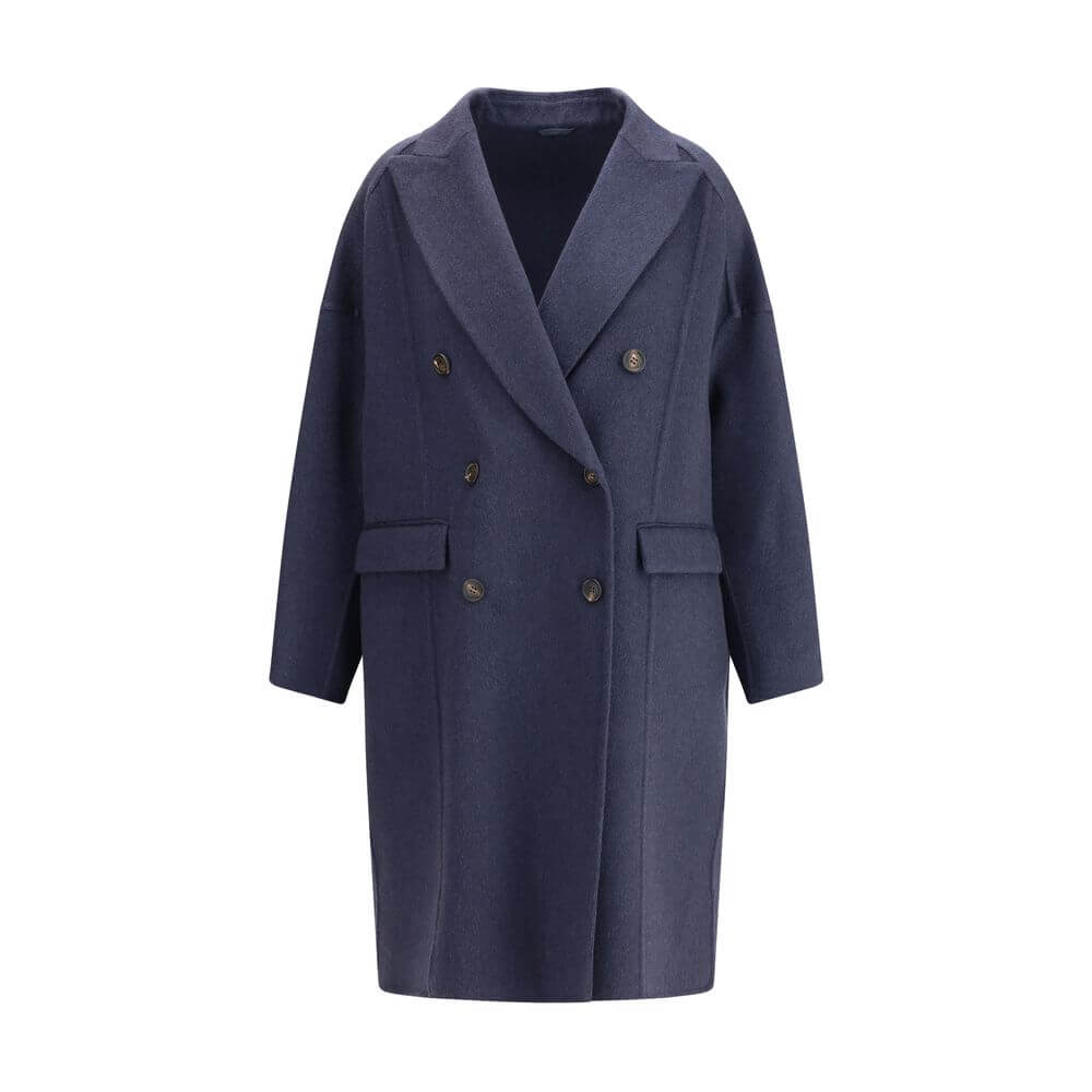 Brunello Cucinelli Blue Cashmere Coat with peaked lapel and double-breasted closure, elegant and versatile mid-length design for AW25 season.