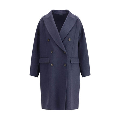Brunello Cucinelli Blue Cashmere Coat with peaked lapel and double-breasted closure, elegant and versatile mid-length design for AW25 season.