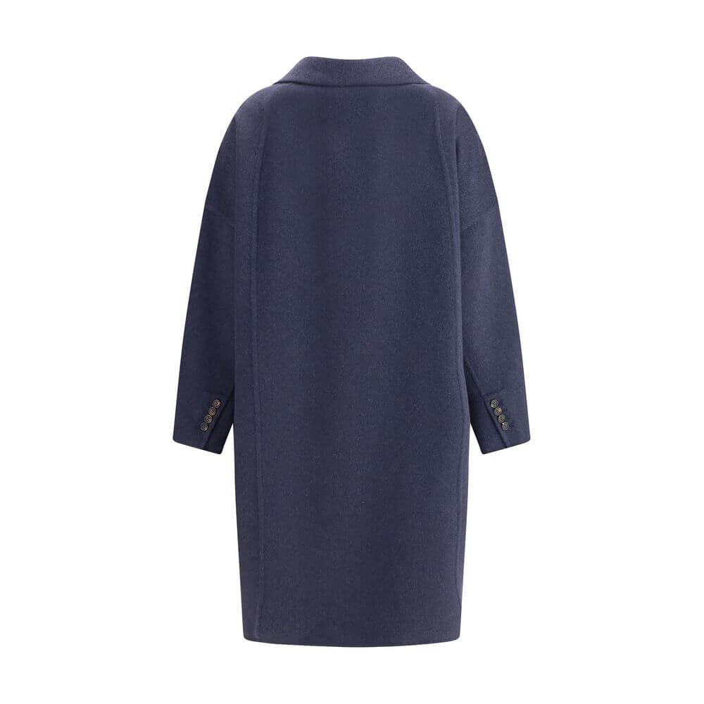 Back view of Brunello Cucinelli Blue Cashmere Coat showcasing craftsmanship and elegance with wide lapels and a structured over-fit design.