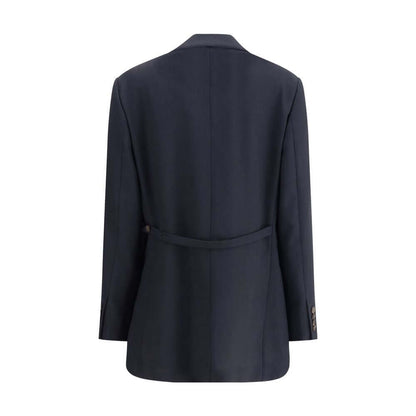 Back view of Brunello Cucinelli Blue Fleece Wool Blazer showcasing back martingale detail and fine tailoring, made from 100% fleece wool.