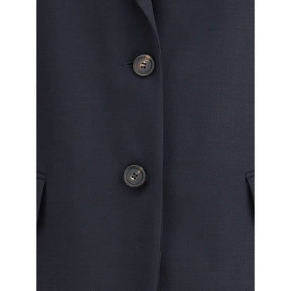 Close-up of Brunello Cucinelli Blue Fleece Wool Blazer showing two-button front closure and classic lapels.