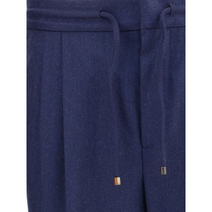 Close-up of Brunello Cucinelli Blue Fleece Wool Casual Pants with drawstring waistband and mélange pattern.