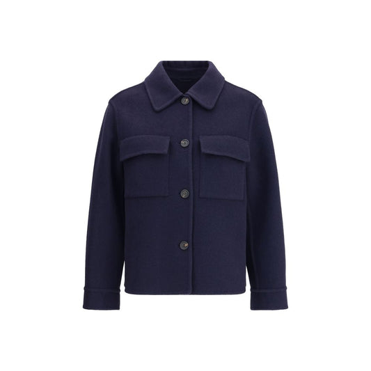 Brunello Cucinelli Blue Fleece Wool Coat with classic collar and button closure, featuring front patch pockets for elegance and practicality.