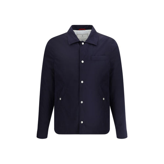 Brunello Cucinelli Blue Nylon Full-Length Jacket with front button closure and classic collar, featuring water-repellent microfiber material.
