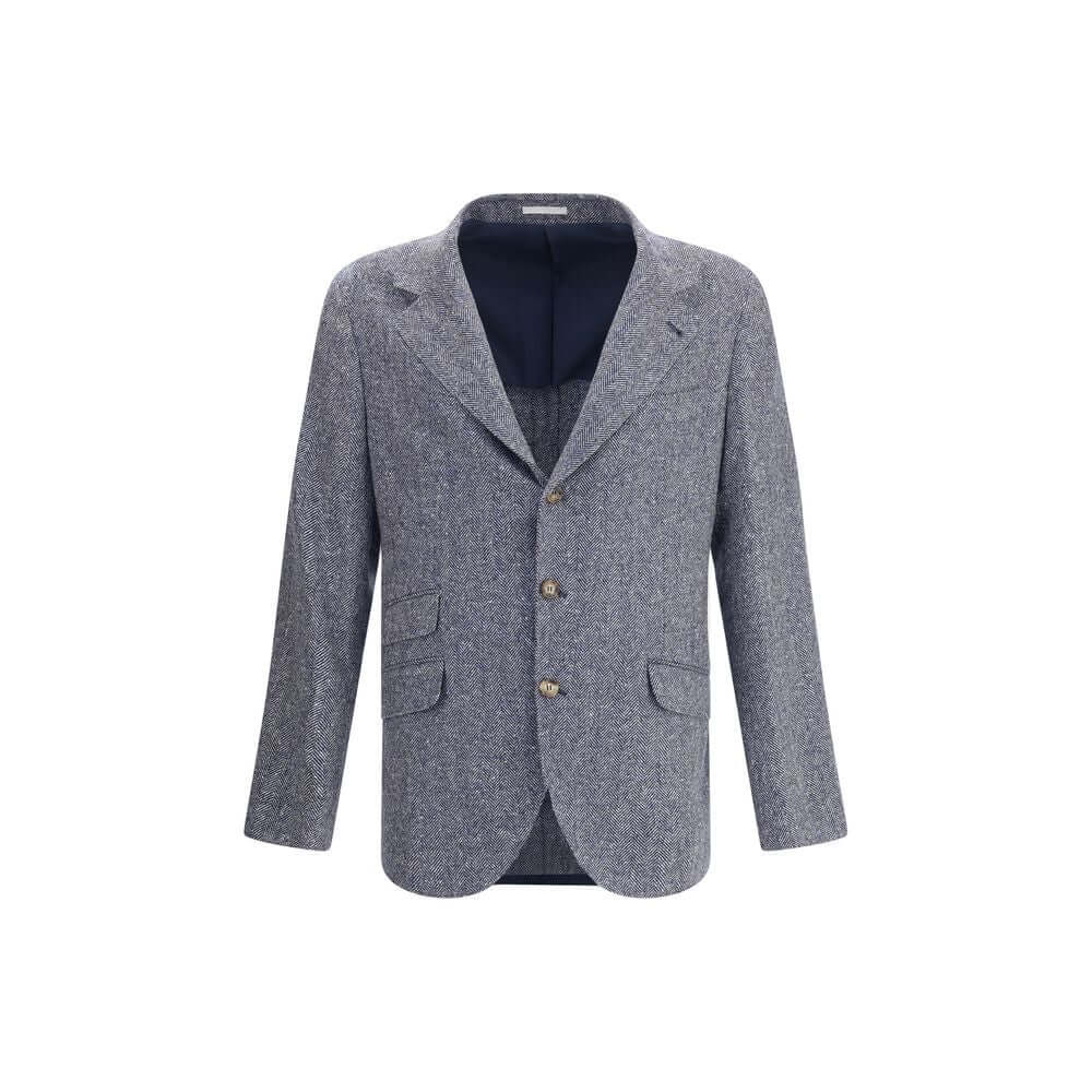 Brunello Cucinelli Blue Wool Blazer with herringbone pattern, classic lapels, button closure, and welt pockets, elegant and versatile.