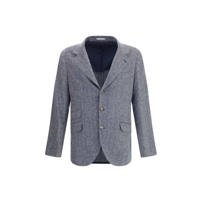 Brunello Cucinelli Blue Wool Blazer with herringbone pattern, classic lapels, button closure, and welt pockets, elegant and versatile.