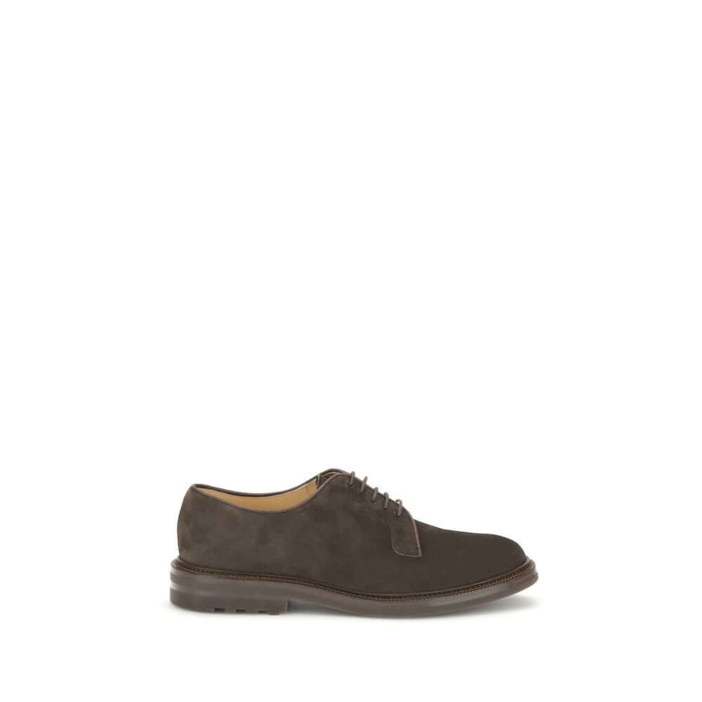 Brunello Cucinelli Brown Calf Leather Bos Taurus Oxfords And Derbies with suede design, lace-up fastening, and leather block sole.