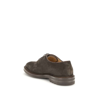 Brunello Cucinelli Brown Calf Leather Bos Taurus Oxfords And Derbies with suede design and lace-up front, AW25 collection, rear view.