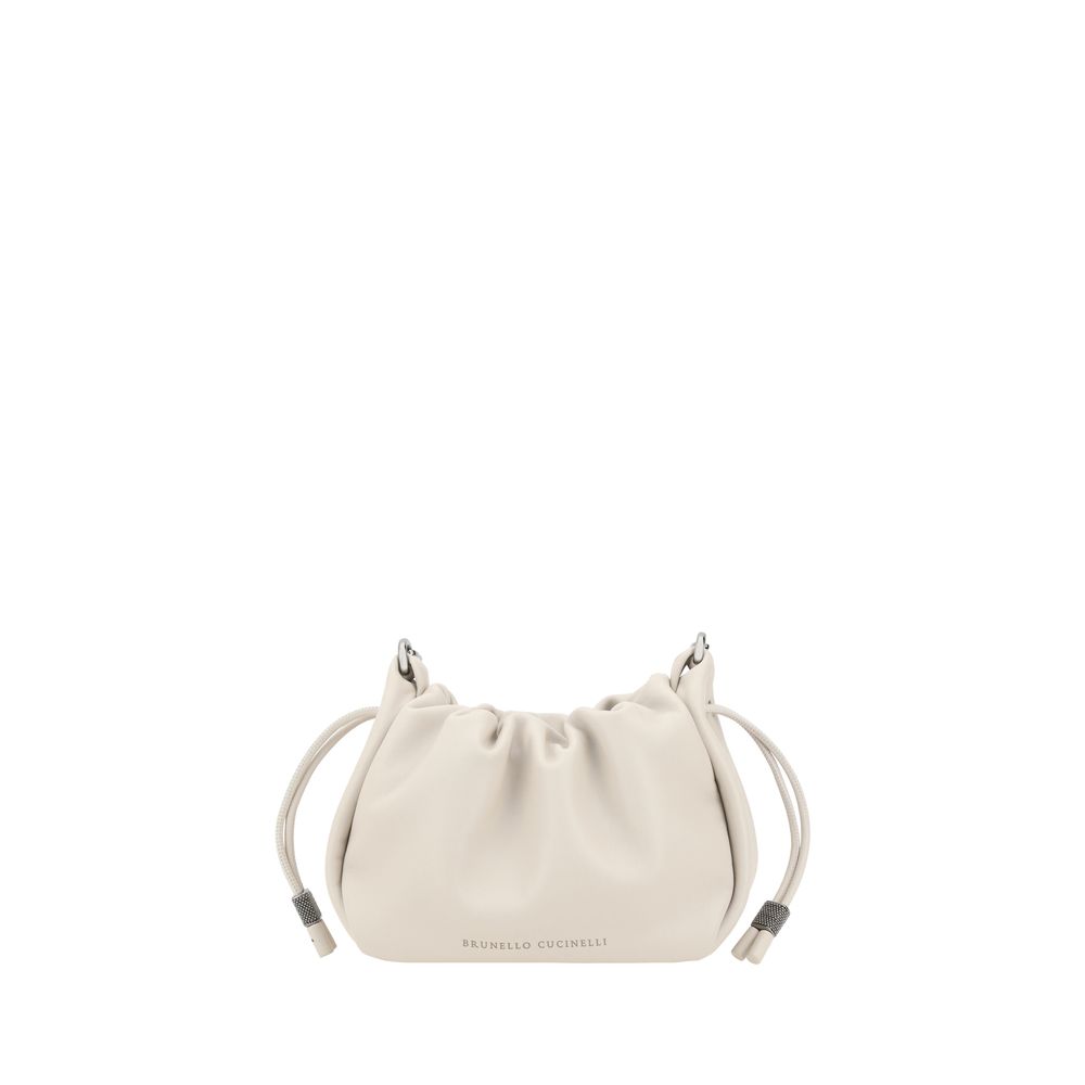 Brunello Cucinelli Bucket Mellow mini Shoulder Bag in brown leather with shiny jewelry strap and drawstring closure.
