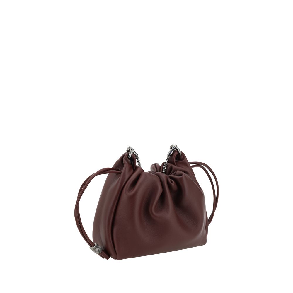 Brunello Cucinelli Bucket Mellow mini Shoulder Bag, luxury leather design with drawstring closure and iconic shiny jewelry strap.