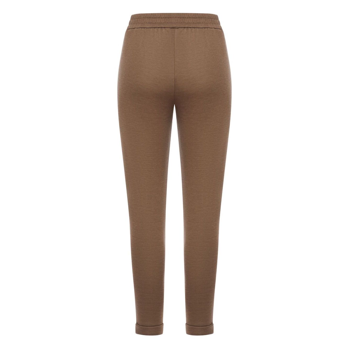 Brown Brunello Cucinelli Cotton And Silk Blend Trousers with elastic waistband and tapered leg, back view.