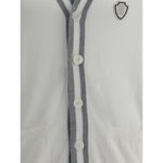 Front view of Brunello Cucinelli Cotton Cardigan with buttons, pockets, and monogram patch. Elegant and practical design.
