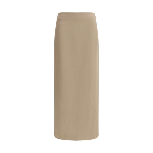 Brunello Cucinelli Gray Acetate Midi Skirt with elegant satin finish and back slit, perfect for sophisticated looks.