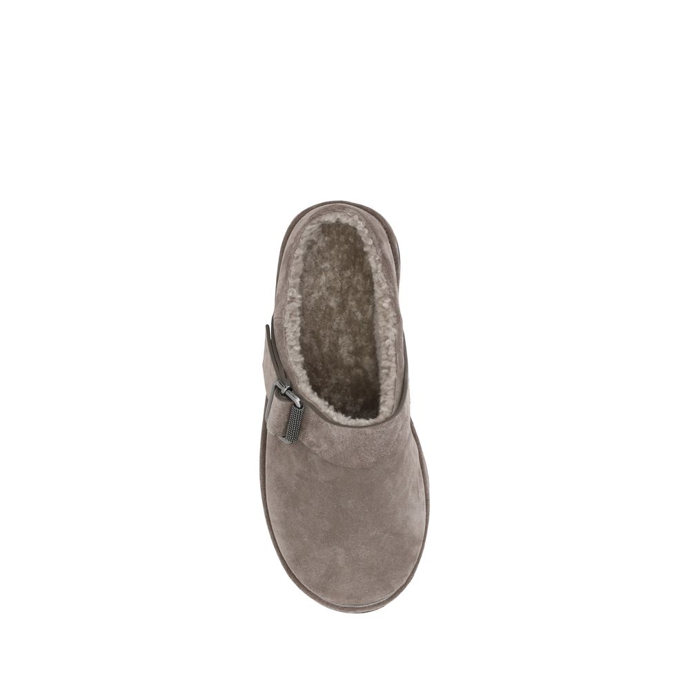 Brunello Cucinelli Gray Calf Leather Bos Taurus Clogs with fur trim and buckle detail, top view, stylish footwear for fall and winter.