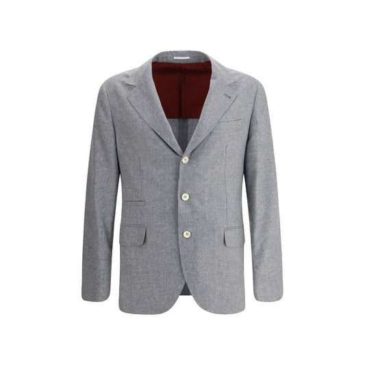 Brunello Cucinelli Gray Cashmere Clothing, elegant cashmere and silk blazer with horn buttons and traditional lapels.