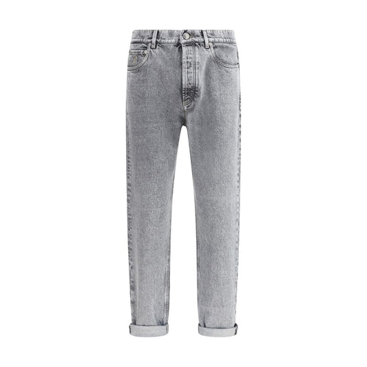 Brunello Cucinelli Gray Cotton Straight-Leg Jeans with button closure and slip pockets.