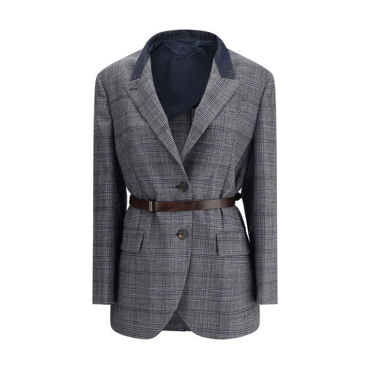 Brunello Cucinelli Gray Fleece Wool Blazer with Prince of Wales pattern and peaked lapels, featuring denim collar detail.