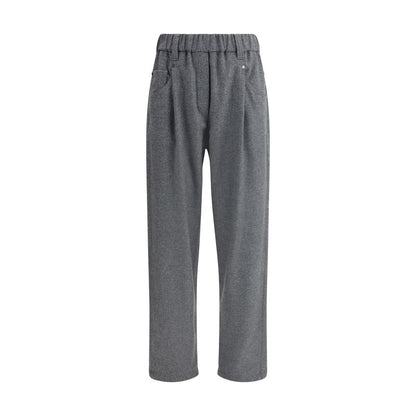 Brunello Cucinelli Gray Fleece Wool Casual Pants with elastic waistband and classic five-pocket design for sophisticated style.