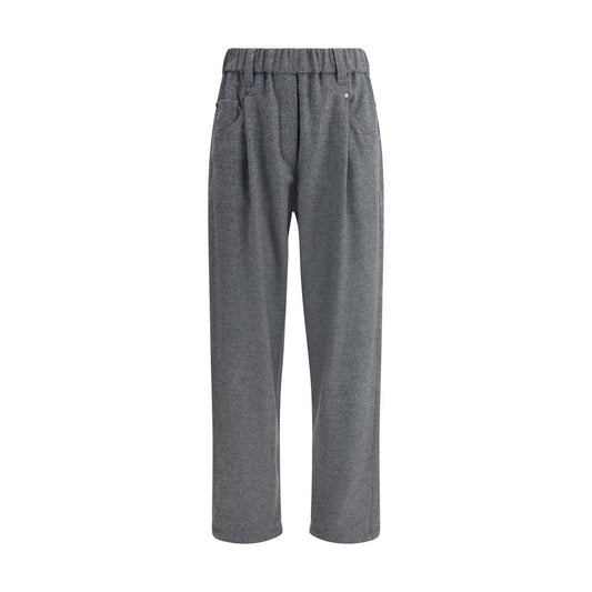 Brunello Cucinelli Gray Fleece Wool Casual Pants with elastic waistband and classic five-pocket design for sophisticated style.