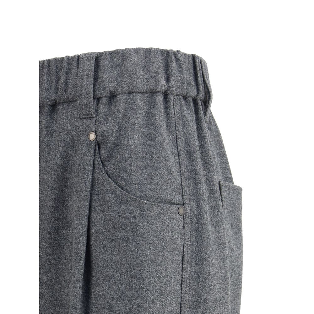 Brunello Cucinelli Gray Fleece Wool Casual Pants with elastic waistband and five-pocket design for sophisticated style.