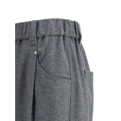 Brunello Cucinelli Gray Fleece Wool Casual Pants with elastic waistband and five-pocket design for sophisticated style.