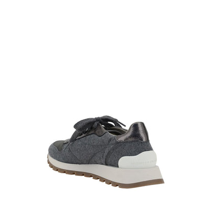 Brunello Cucinelli Gray Fleece Wool Sneakers with knurled sole and bead detail, rear view.