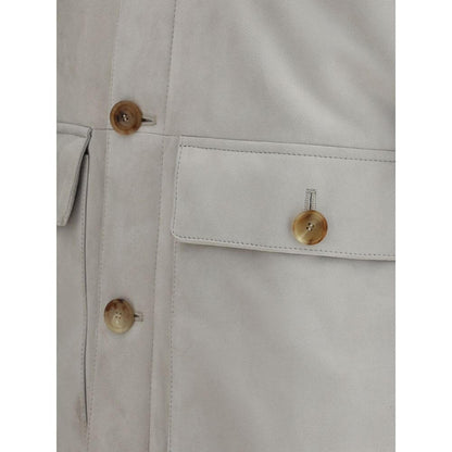 Close-up of Brunello Cucinelli Gray Leather Jacket featuring button closure and flap pockets.