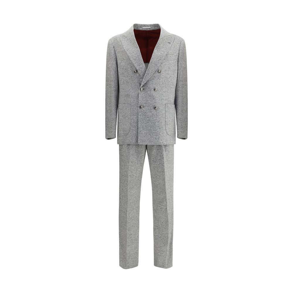 Brunello Cucinelli Gray Wool Two-Piece Suit with peaked lapels and six-button closure, showcasing refined craftsmanship and elegance.