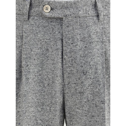 Close-up of Brunello Cucinelli Gray Wool Two-Piece Suit pants showcasing heathered texture and button detail.