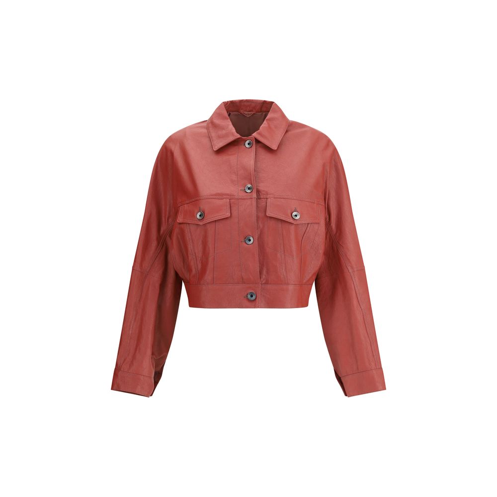 Brunello Cucinelli Leather Jacket with classic collar, front button closure, and two patch pockets, perfect for timeless elegance and style.