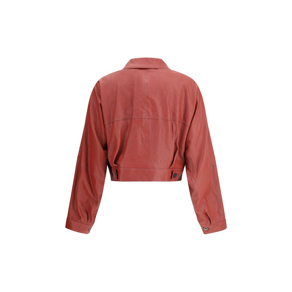 Back view of a Brunello Cucinelli Leather Jacket with classic collar and button details in a stylish design.