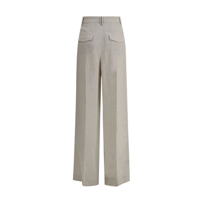 Brunello Cucinelli Linen Pants with wide-leg design, lamé details, and jewel embellishments, featuring side welt pockets and back flaps.