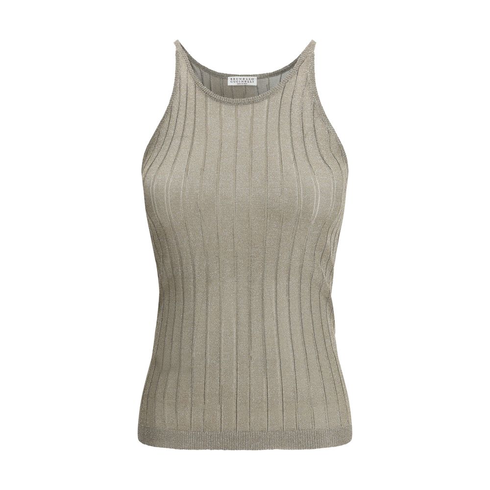 Brunello Cucinelli Lurex Tank Top with ribbed design and elegant fit, showcasing luxurious luminous fabric and sophisticated style.