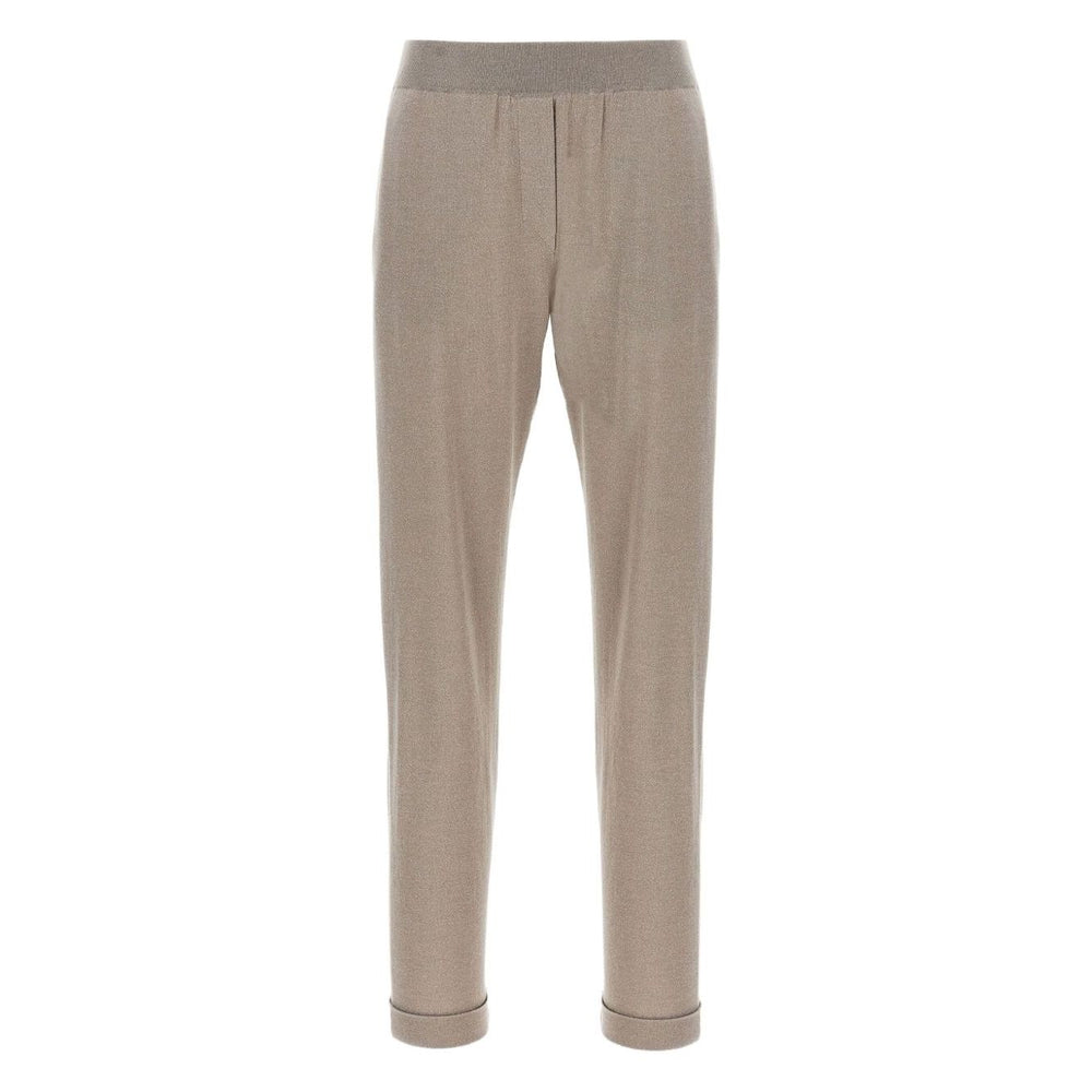 Taupe grey Brunello Cucinelli Lurex-detail trousers with elasticised waistband and cuffed hems in wool and silk.