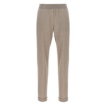Taupe grey Brunello Cucinelli Lurex-detail trousers with elasticised waistband and cuffed hems in wool and silk.