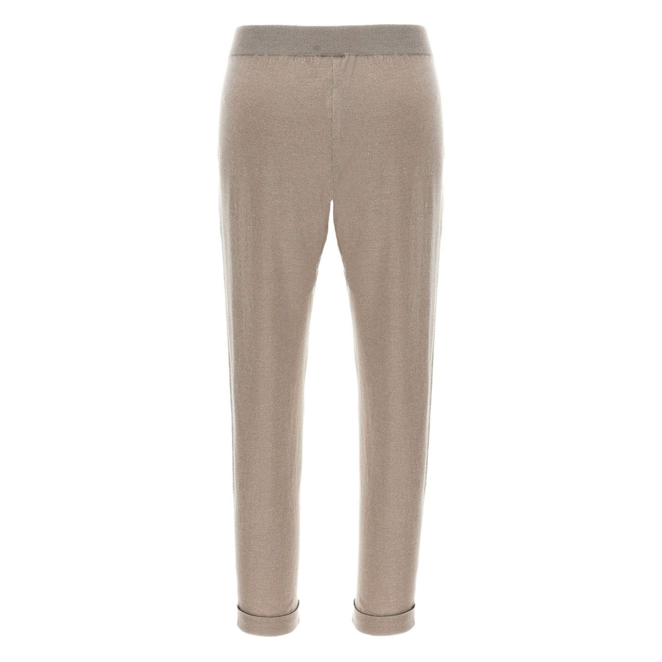 Back view of Brunello Cucinelli Lurex-detail trousers in taupe grey, featuring elasticised waistband and cuffed hems.