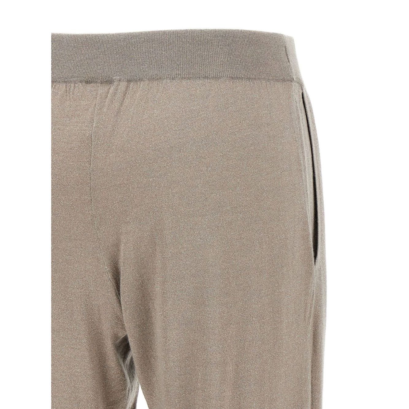Brunello Cucinelli Lurex-detail trousers in taupe grey with elasticised waistband and cuffed hems, tapered design, wool and silk blend