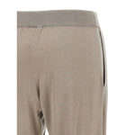 Brunello Cucinelli Lurex-detail trousers in taupe grey with elasticised waistband and cuffed hems, tapered design, wool and silk blend