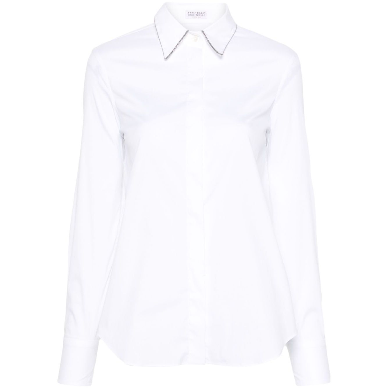 Brunello Cucinelli Shirts White with Monili detail and pointed collar, long sleeves, buttoned cuffs, and curved hem.