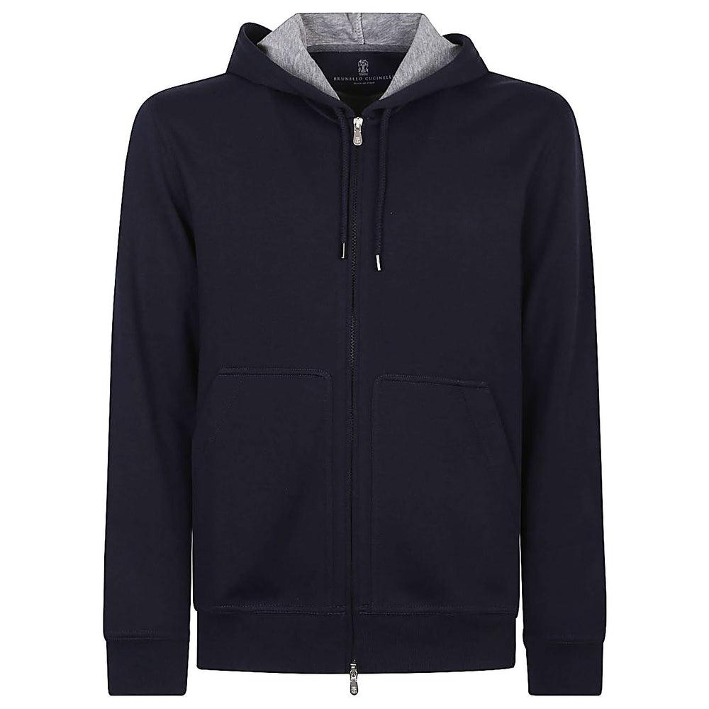 Brunello Cucinelli Sweaters Blue cotton blend hoodie with a jersey texture, drawstring hood, long sleeves, and two-way zip fastening.